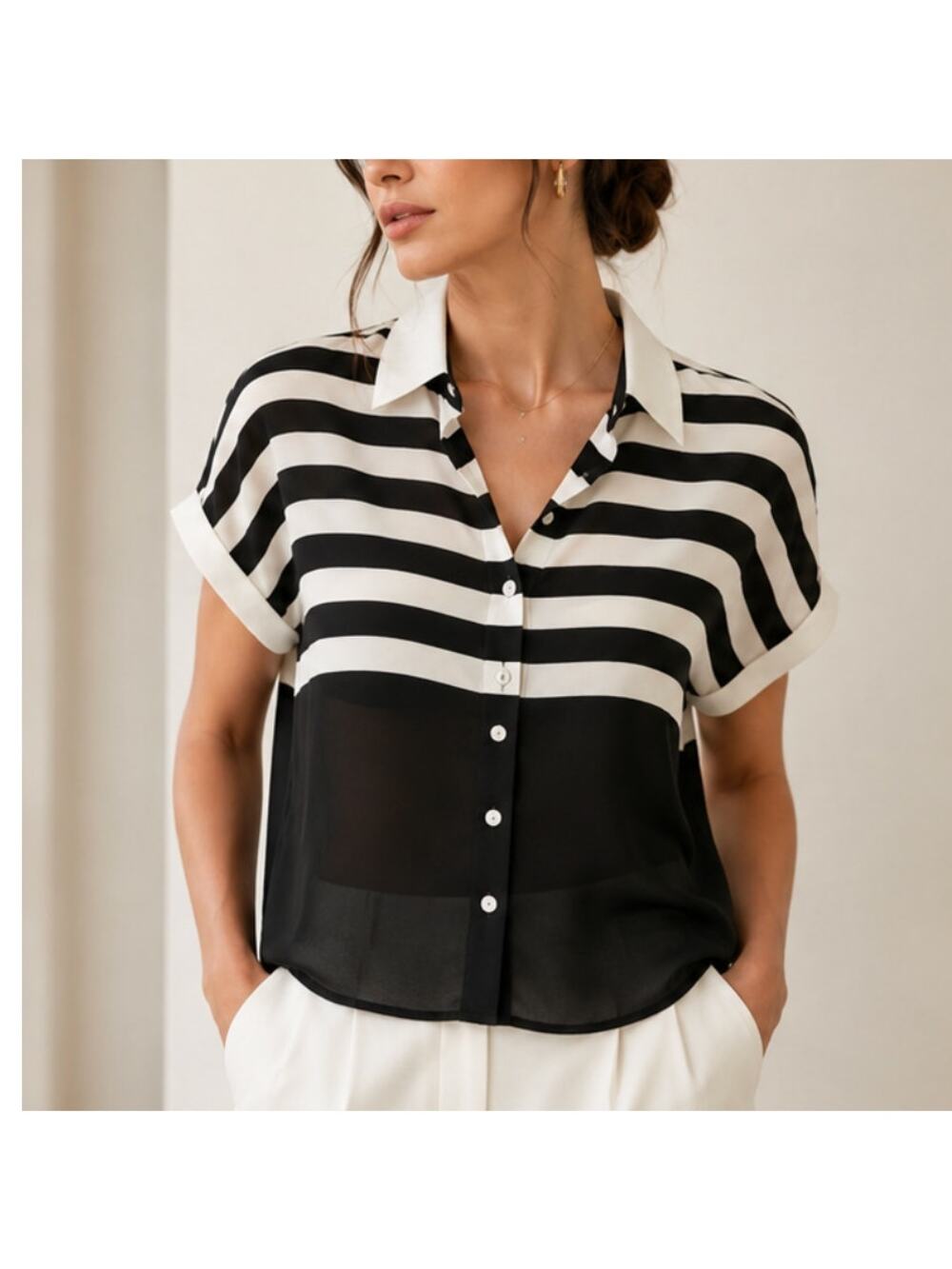 Antilia Femme Sheer Colorblock Button Front Blouse Black White Striped Top SZ S